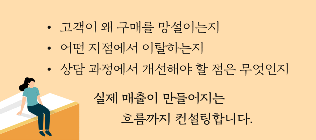 고객이 왜 망설이는지

어떤 지점에서 구매 결정을 주저하는지

상담 과정에서 놓치고 있는 기회는 무엇인지

이 전환 단계 전체를 함께 분석합니다.